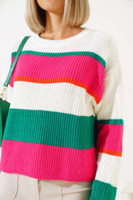 Renkli Kalın Çizgili Triko Crop Kazak Fuşya - Thumbnail