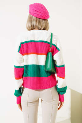 Renkli Kalın Çizgili Triko Crop Kazak Fuşya - Thumbnail