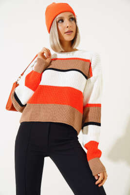 Renkli Kalın Çizgili Triko Crop Kazak Büsküvi - Thumbnail