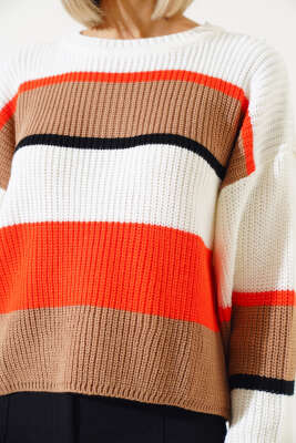 Renkli Kalın Çizgili Triko Crop Kazak Büsküvi - Thumbnail