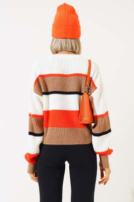 Renkli Kalın Çizgili Triko Crop Kazak Büsküvi - Thumbnail