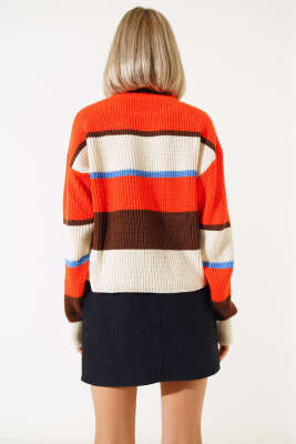 Renkli Kalın Çizgili Triko Crop Kazak Bej - Thumbnail