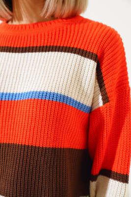 Renkli Kalın Çizgili Triko Crop Kazak Bej - Thumbnail