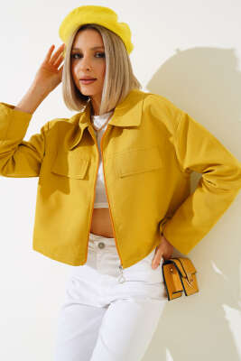 Pazarium - Cep Kapaklı Fermuarlı Kısa Ceket Yağ Yeşili