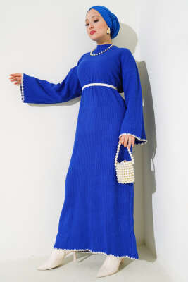 Midye Dikişli Fitilli Triko Elbise Saks - Thumbnail