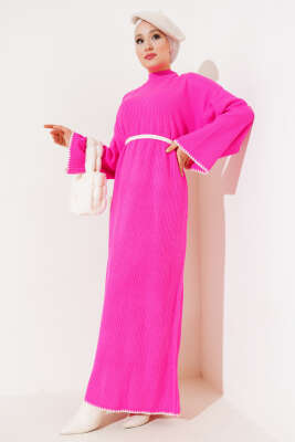 Midye Dikişli Fitilli Triko Elbise Pembe - Thumbnail