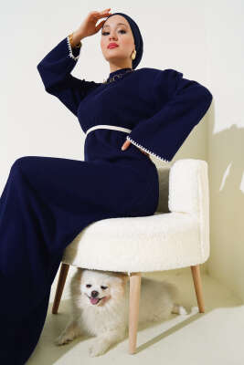 Midye Dikişli Fitilli Triko Elbise Lacivert - Thumbnail