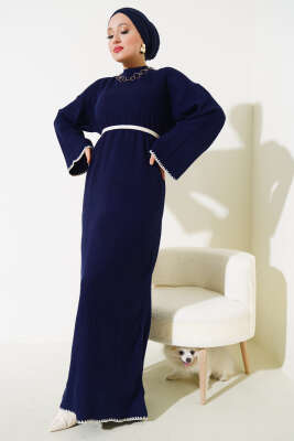 Midye Dikişli Fitilli Triko Elbise Lacivert - Thumbnail