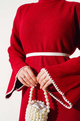 Midye Dikişli Fitilli Triko Elbise Kırmızı - Thumbnail