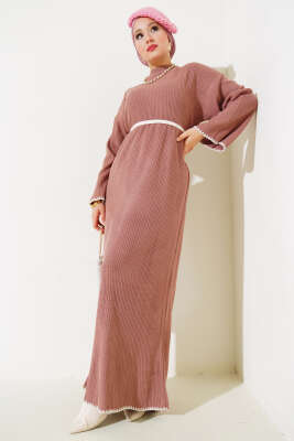 Midye Dikişli Fitilli Triko Elbise Gül Kurusu - Thumbnail