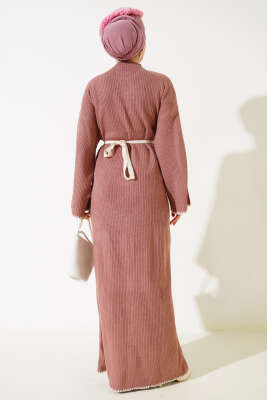 Midye Dikişli Fitilli Triko Elbise Gül Kurusu - Thumbnail