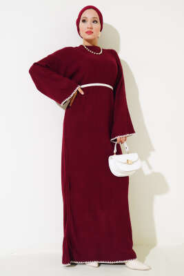 Midye Dikişli Fitilli Triko Elbise Bordo - Thumbnail