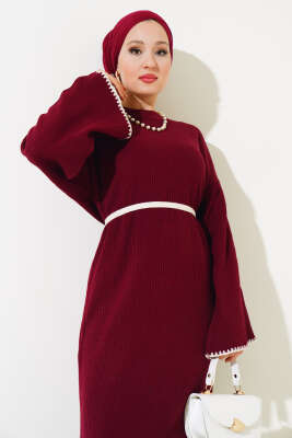 Midye Dikişli Fitilli Triko Elbise Bordo - Thumbnail