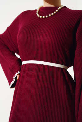 Midye Dikişli Fitilli Triko Elbise Bordo - Thumbnail