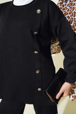 Düğme Süslemeli Triko İkili Takım Siyah - Thumbnail