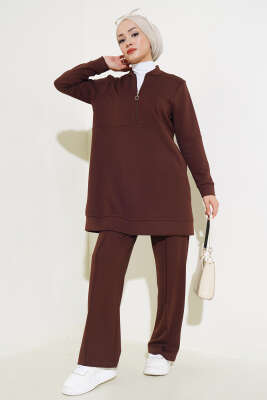 Loyşa Hakim Yaka Fermuarlı İkili Takım Kahve - Thumbnail