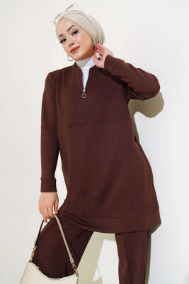 Loyşa Hakim Yaka Fermuarlı İkili Takım Kahve - Thumbnail