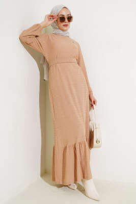 Pazarium - Bel Kuşaklı Volanlı Elbise Latte