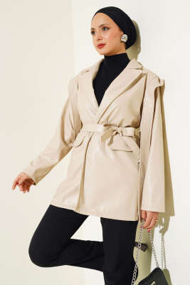 Pazarium - Omuz Pelerinli Deri Ceket Taş