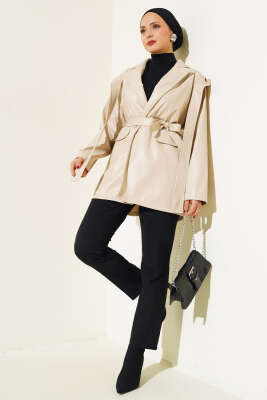 Omuz Pelerinli Deri Ceket Taş - Thumbnail