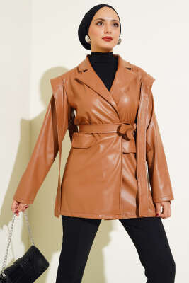 Omuz Pelerinli Deri Ceket Taba - Thumbnail