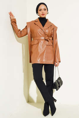 Omuz Pelerinli Deri Ceket Taba - Thumbnail