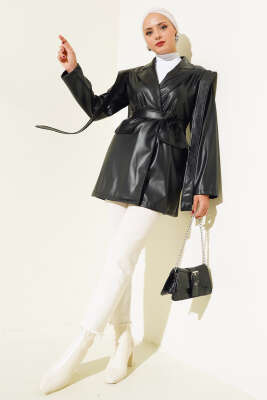 Omuz Pelerinli Deri Ceket Siyah - Thumbnail