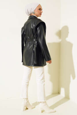 Omuz Pelerinli Deri Ceket Siyah - Thumbnail