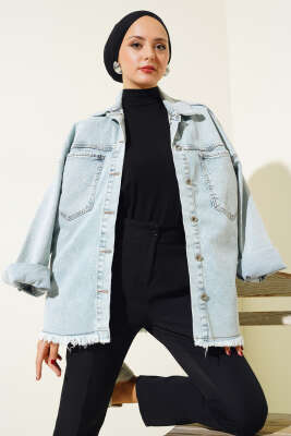 Önü Cepli Püsküllü Kot Ceket Buz Mavisi - Thumbnail
