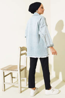 Önü Cepli Püsküllü Kot Ceket Buz Mavisi - Thumbnail