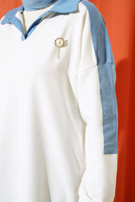 Gömlek Yaka Kot Detaylı İkili Takım Ekru - Thumbnail