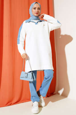 Pazarium - Gömlek Yaka Kot Detaylı İkili Takım Ekru