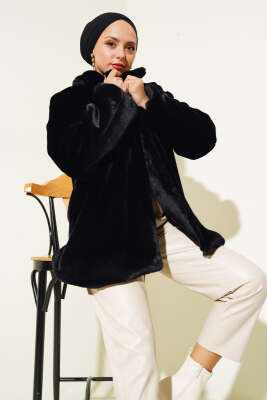 Pazarium - Kuşaklı Peluş Kaban Siyah