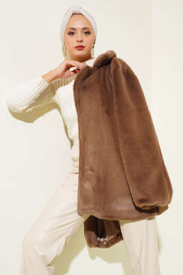 Pazarium - Kuşaklı Peluş Kaban Kahve