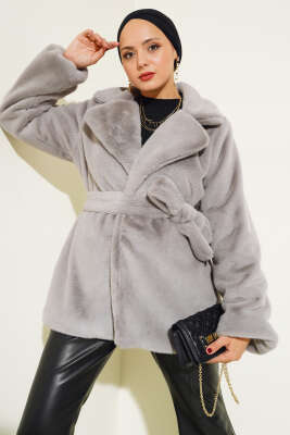 Pazarium - Kuşaklı Peluş Kaban Gri