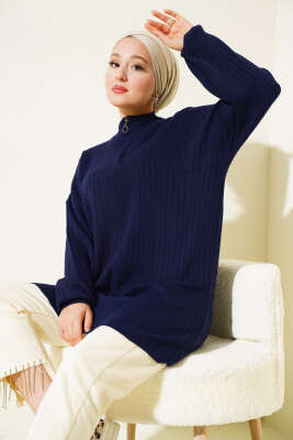 Yaka Fermuarlı Düşük Omuz Triko Tunik Lacivert - Thumbnail