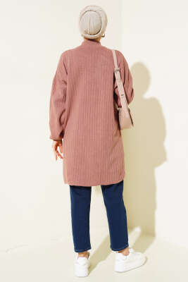 Yaka Fermuarlı Düşük Omuz Triko Tunik Gül Kurusu - Thumbnail