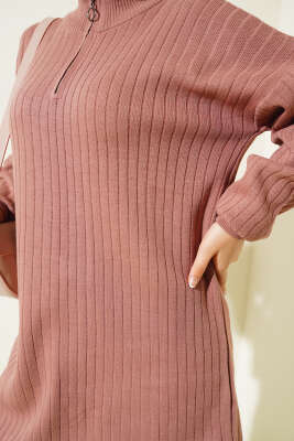 Yaka Fermuarlı Düşük Omuz Triko Tunik Gül Kurusu - Thumbnail