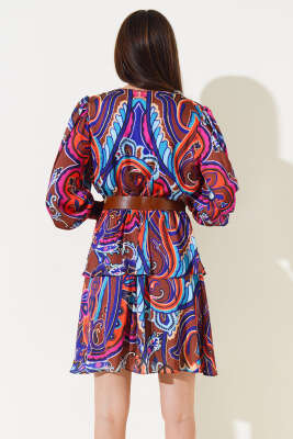 V Yaka Etnik Desen Saten Elbise Kahve - Thumbnail