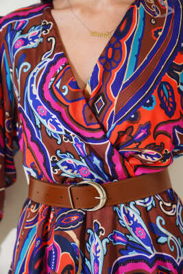 V Yaka Etnik Desen Saten Elbise Kahve - Thumbnail