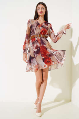 Deri Kemerli Midi Tül Elbise Kahve - Thumbnail