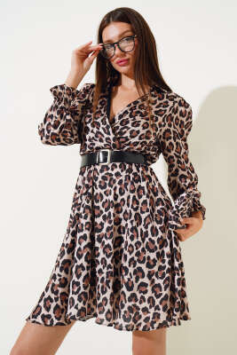 Gömlek Yaka Saten Midi Elbise Leopar - Thumbnail