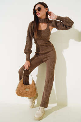 Kolluklu Triko Üçlü Takım Vizon - Thumbnail