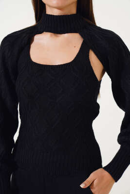 Kolluklu Triko Üçlü Takım Siyah - Thumbnail