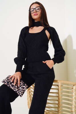 Kolluklu Triko Üçlü Takım Siyah - Thumbnail