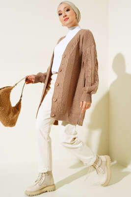 Önden Düğmeli Örgü Hırka Büsküvi - Thumbnail