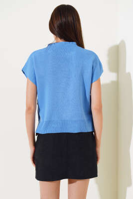 Yanları Düğmeli Yaka Fırfırlı Triko Süveter İndigo - Thumbnail