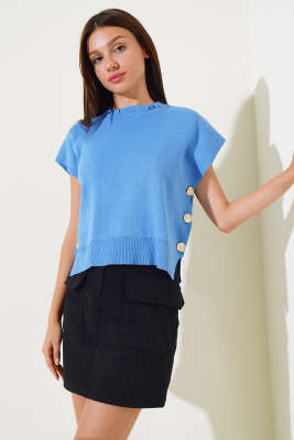 Yanları Düğmeli Yaka Fırfırlı Triko Süveter İndigo - Thumbnail