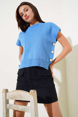 Yanları Düğmeli Yaka Fırfırlı Triko Süveter İndigo - Thumbnail