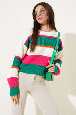 Renkli Kalın Çizgili Triko Crop Kazak Yeşil - Thumbnail